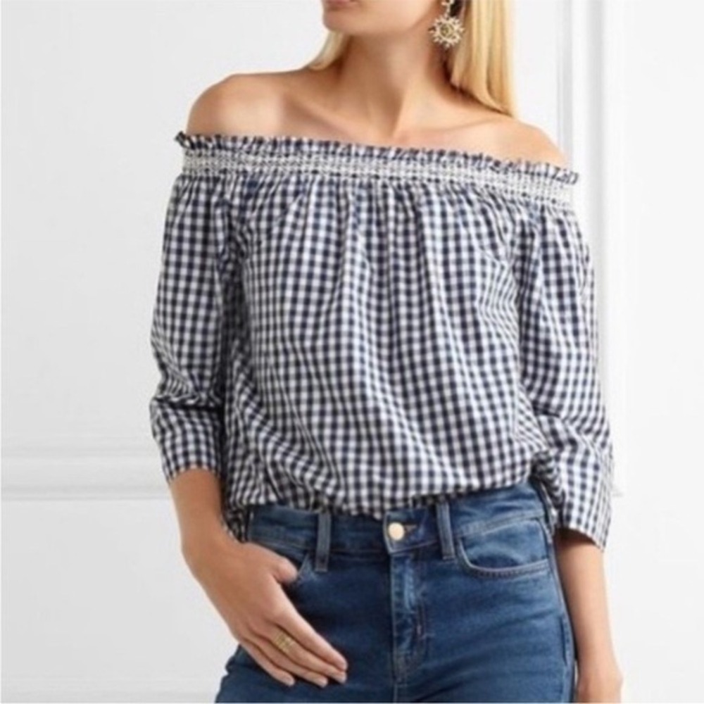 Madewell Gingham Off The Shoulder Smocked Top Navy White Cotton XS Cottagecore